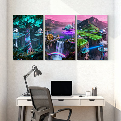 Fantasy & Sci-Fi Fantasy Forest Waterfall Futuristic Landscape Neon Lights Floating Platforms Rainbow Bridge Set of 3 Canvas Wall Art Prints