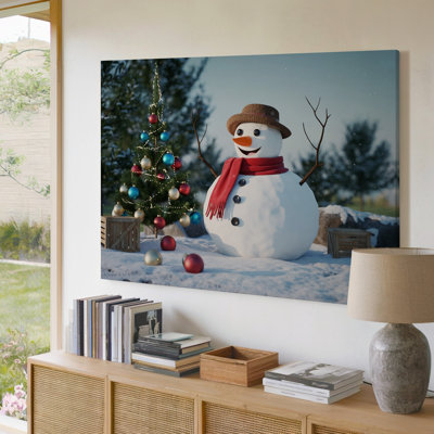 Toile, "Un joyeux bonhomme de neige se tient joyeusement au milieu d'un paysage enneigé", art mural avec un joli chapeau brun et une écharpe rouge
