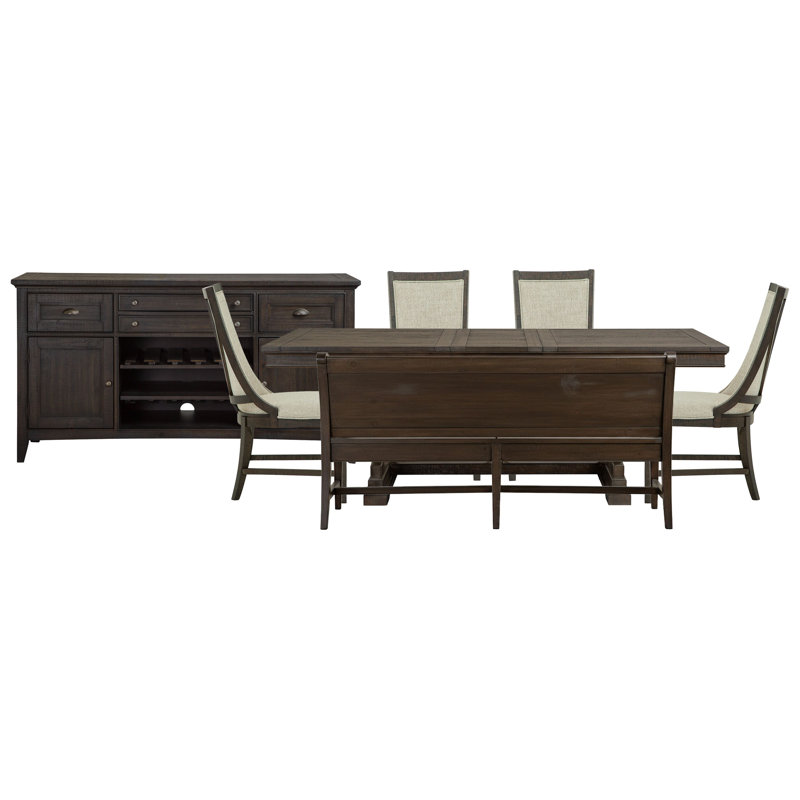 Extendable Trestle Dining Table With 2 Upholstered Side Chairs 2 Host Chairs Bench And Buffet