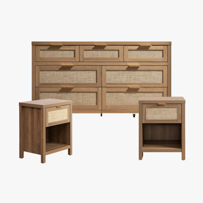 Ensemble de chambre à coucher 3 pièces avec rangement en rotin (commode 7 tiroirs + 2 tables de chevet)