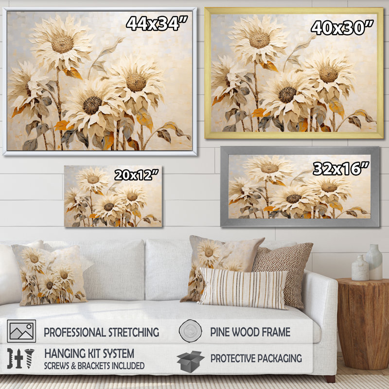 «Vintage Sunflowers Florescence I - Sunflowers», reproduction sur toile encadrée, Cadre flottant doré