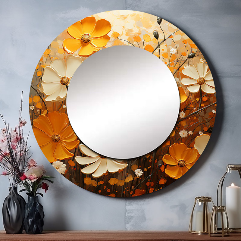 Or souci Marigold Melody IV - grand miroir mural souci, miroir décoratif rond doré, impression d'art en métal, 23 po x 23 po