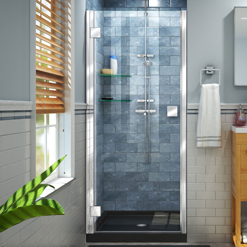 DreamLine Lumen P 32 po x l 42 po x H 74 3/4 po porte de douche à charnière semi-sans cadre en chrome avec base de douche noire