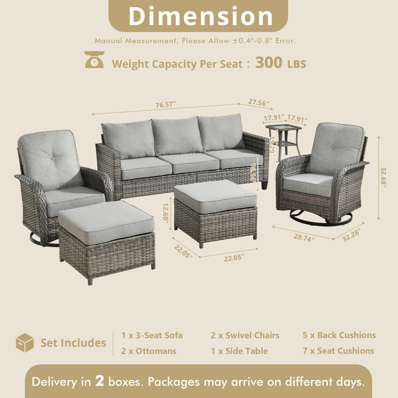 Ensemble de mobilier d'extérieur en osier tout-temps 6 pièces avec chaises rotatives, canapé et repose-pieds, Gris foncé