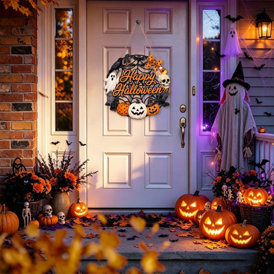 Halloween Wooden Door Sign – Ghost, Pumpkin & Black Cat Wreath with Happy Halloween Decor