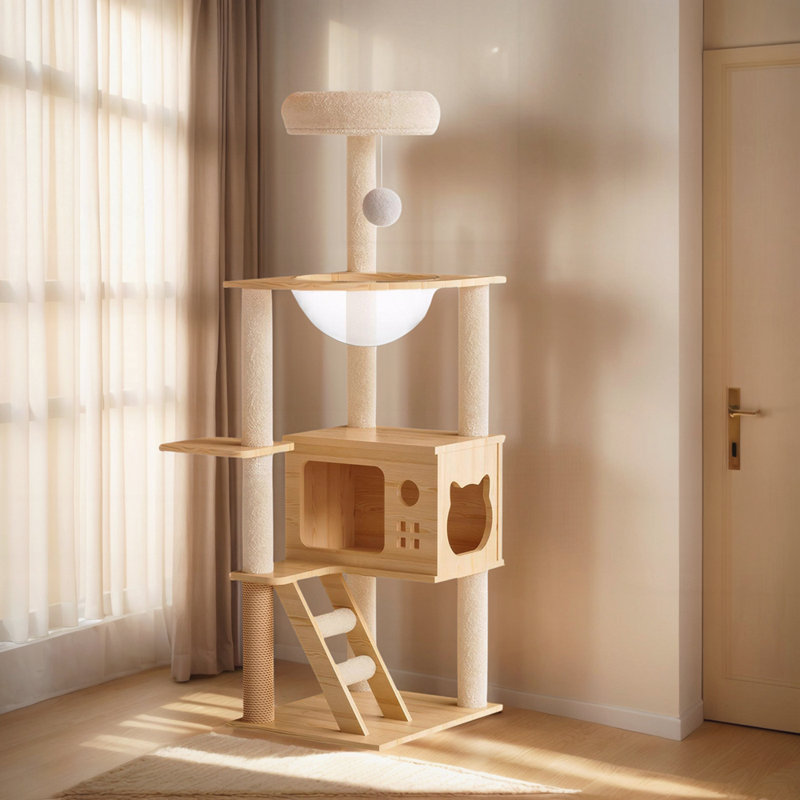 Tour à chat 48,8 po, tour à chat en bois pour chats d'intérieur, arbre à chat avec poteaux à griffes recouverts de sisal et perchoir supérieur