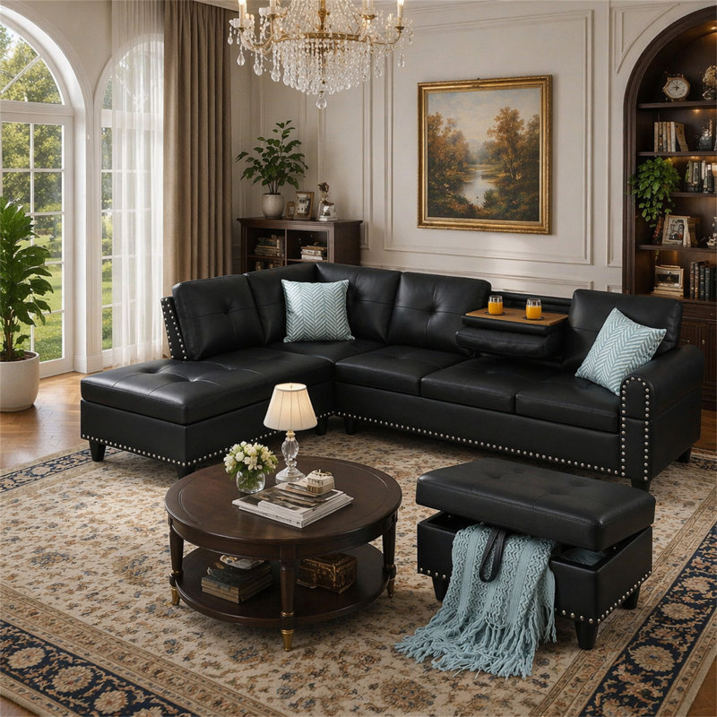 Canapé modulaire en similicuir avec repose-pieds, Black Faux Leather