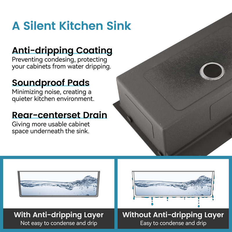 Évier de cuisine en acier inoxydable, évier simple de 23 po x 19 po fait à la main sur fond gris foncé, avec drain et crochet standards américains