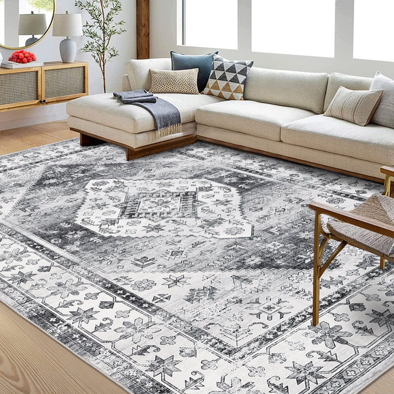 Tapis oriental lavable à la machine avec envers en caoutchouc pour salon, Rectangle 9 pi x 12 pi