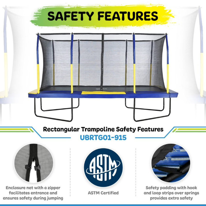 Rectangular Black Steel Trampoline with Enclosure Net