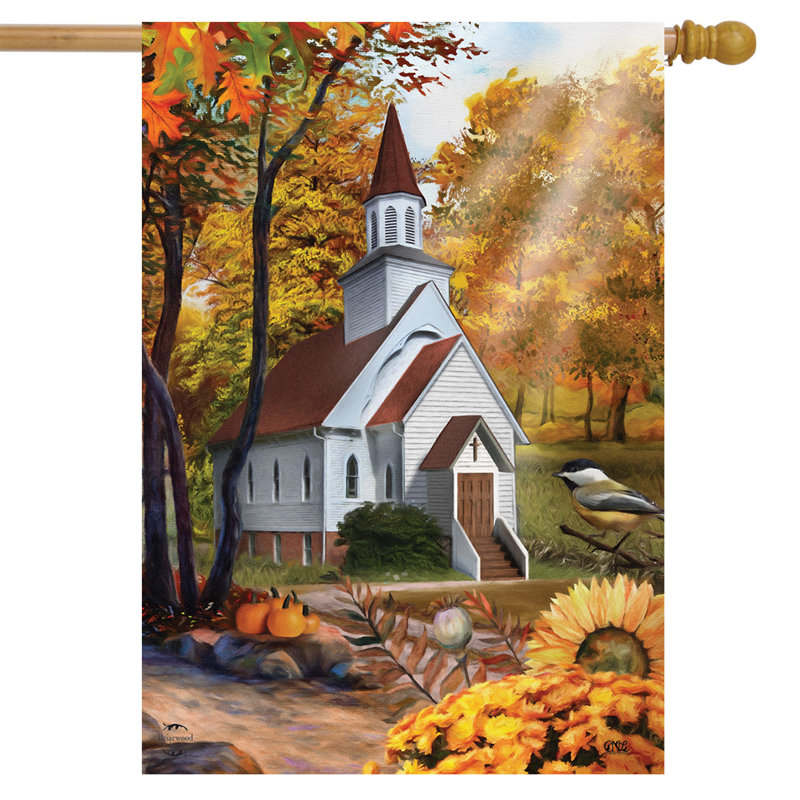 Drapeau de maison Autumn Church Sunset 28x40