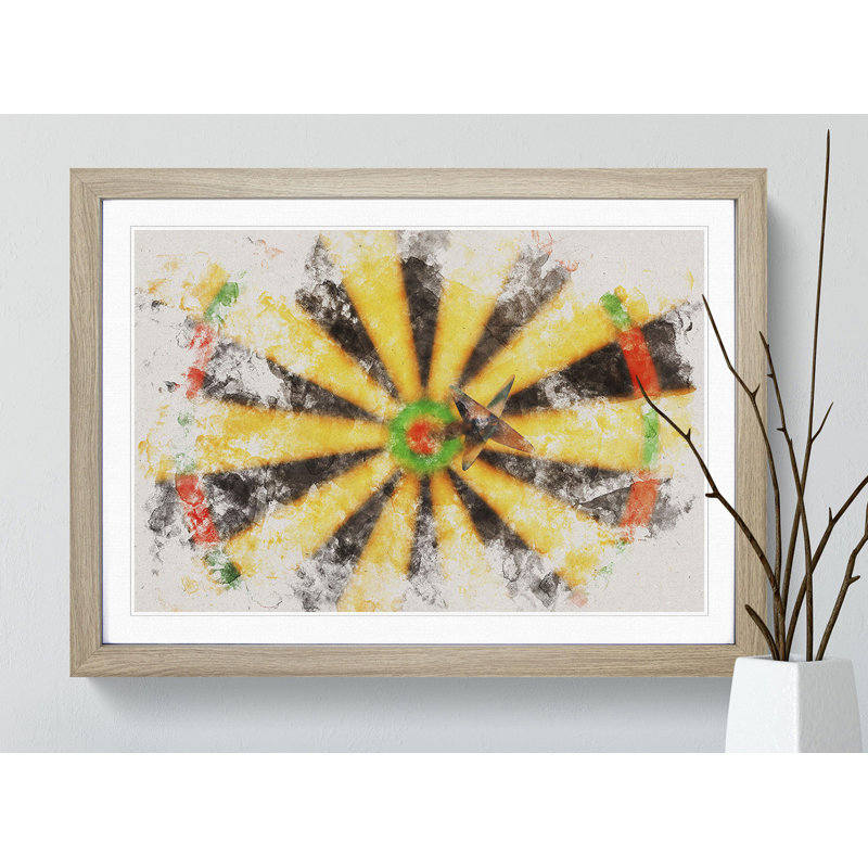 Bulls Eye Dartboard Watercolour - Picture Frame Graphic Art, 36cm H x 48cm W x 2cm D, Oak