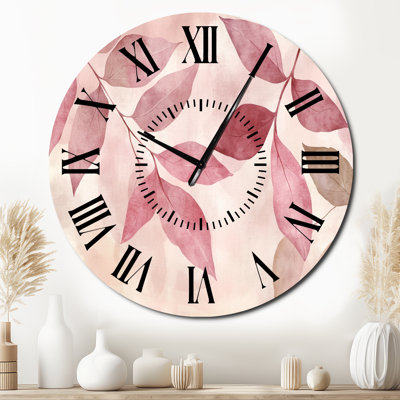 Horloge murale en métal ronde silencieuse avec motif de feuilles roses - Horloge murale botanique silencieuse