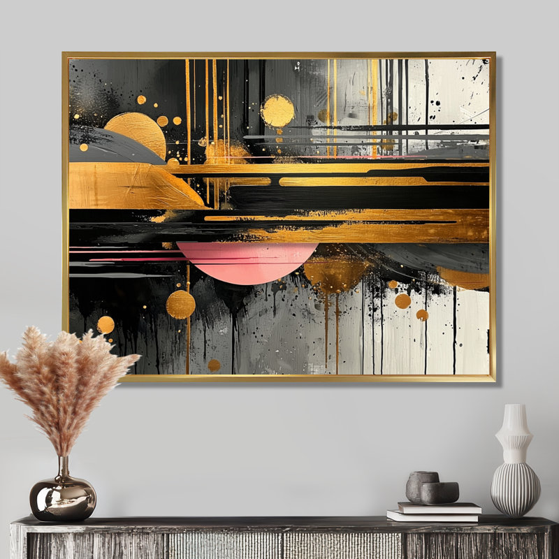 «Dark Transition Golden Shifting Horizons III», art mural transitionnel abstrait de formes modernes, H 24 po x l 32 po, Doré