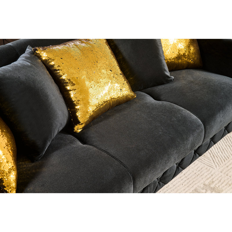 Noir luxueux avec pieds décoratifs dorés, lit convertible, rangement sous le siège, sièges moelleux et fonction de lit rembourré robuste, compartiments, rembourrage en mousse, accoudoirs carrés