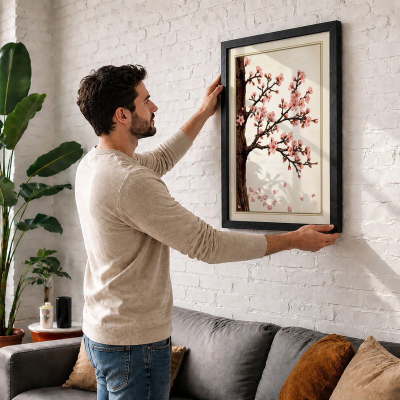 Cherry Blossom Branch Japandi - Framed Print, A2 - 59.4 x 42.0 cm, White