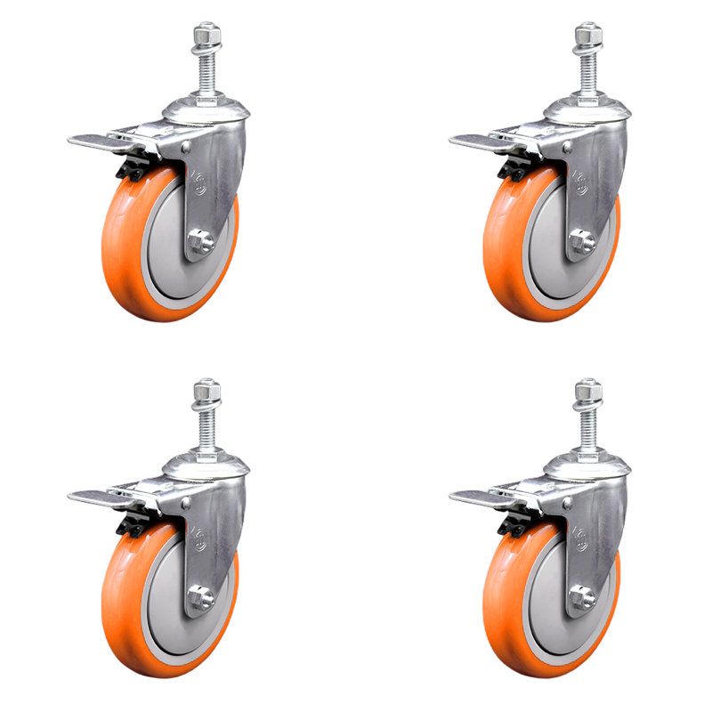 Ensemble de roulettes à tige filetée en polyuréthane 10 mm 5 pouces, Orange