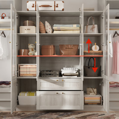 6 Doors 2 Drawers Wardrobe Armoire Closet With Frosted Glass Doors, Adjustable Shelves And Soft Close Hinges, Wooden Bedroom Storage Cabinet