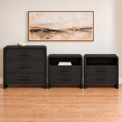 3-Piece Bedroom Set with 31.5" 3-Drawer Dresser and 2 Nightstands, Curved Bedside Tables with Open Storage