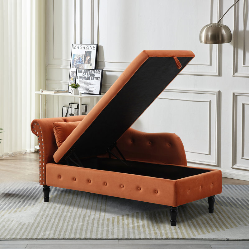 Chaise longue en velours avec rangement et banc rembourré capitonné, Orange