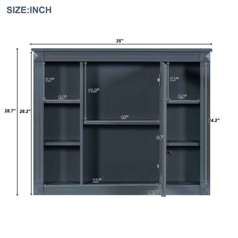35"W Wall Mounted Bathroom Medicine Cabinet With Mirror And Adjustable Inner Shelf, Blue