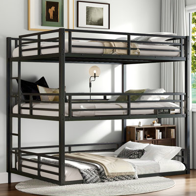 Queen Over Full Xl Over Queen Metal Triple Bunk Bed, Heavy-duty Space-saving Bunk Bed With Full Guardrails & Noise-free Design, Easy Assembly, Black