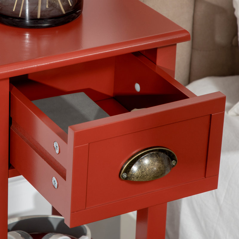 Table d'appoint rouge à deux tiroirs, extrémité étroite, idéale pour le salon et la chambre. Offre un espace de rangement supplémentaire pour magazines, livres, plantes et photos. Son élégance s'harmonise avec tous les styles. Fabriqué en [matériau manquant]. Stable et résistante au basculement.