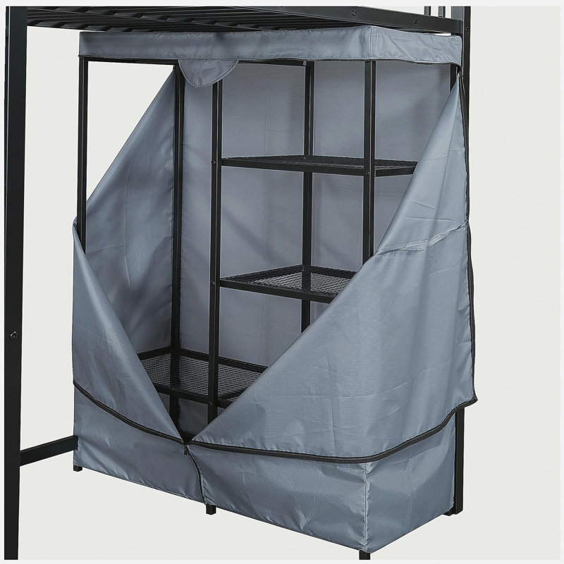 Lit mezzanine double avec bureau, tablette, prise de courant, lumière DEL et garde-robe, Noir