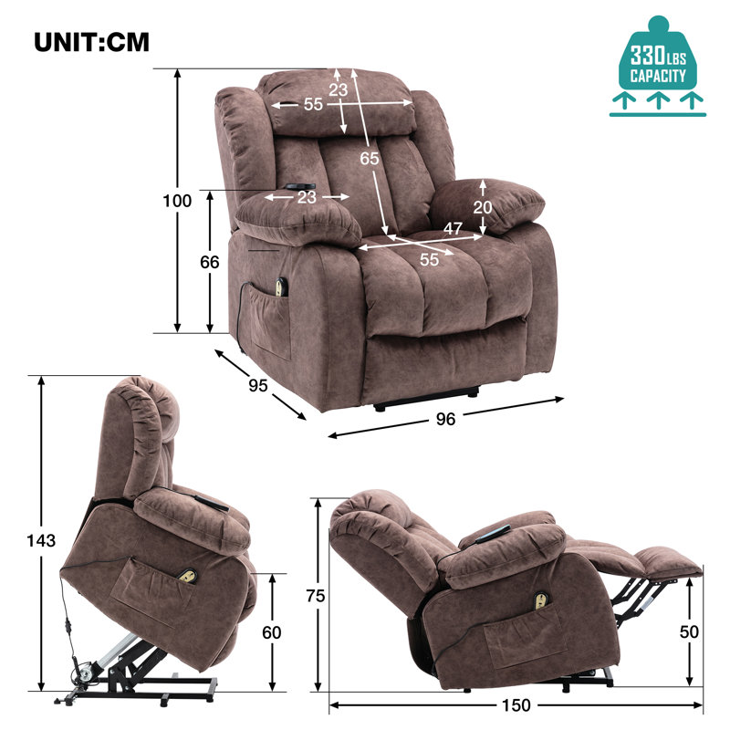 Northchase 96cm Wide Velvet Lift Assist Standard Recliner with Massager, Brown