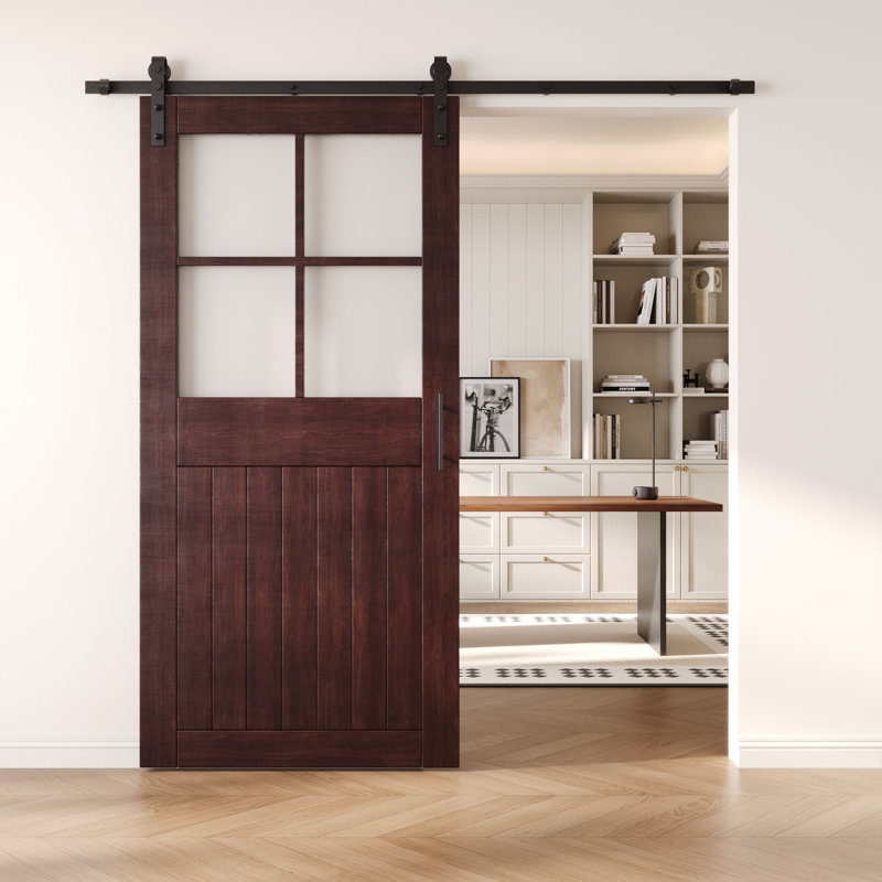 Porte de grange en verre givré non assemblé et fini 26 po x 84 po Homacer Red Homacer de 26 po x 84 po avec quincaillerie d'installation sans dérivation, rail de 4,5 pi, utilisation intérieure seulement