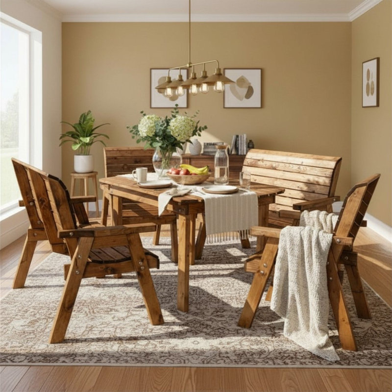 Handmade 6 Seater Rustic Wooden Indoor Dining Table, Bench & Chair Set