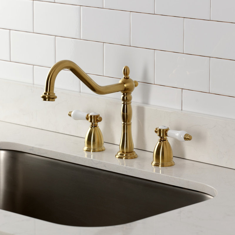 Kingston Brass Bel-Air Double-Handle Widespread Kitchen Faucet, Without Side Spray, Brushed Brass