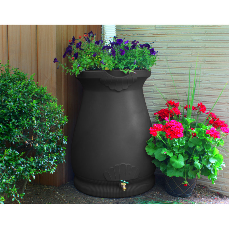 Black 65-Gallon Plastic Urn-Style Rain Barrel with Planter