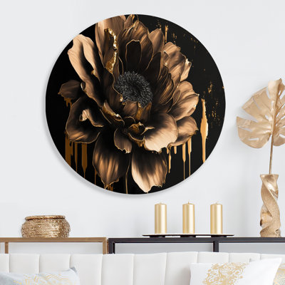 Noir et doré Dahlia - Dahlia, art mural rond sur métal