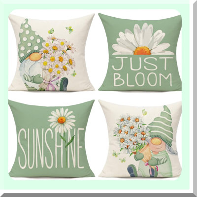 Greenery Gnome Garden Pillow Covers - Set of 4 Outdoor Spring Decorative Cushion Cases for Patio Sofa, Flower Decorations, Summer Home Dcor
