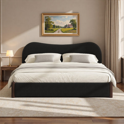 Upholstered Platform Bed With Curved Headboard And Wood Supporting Feet