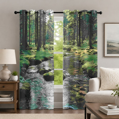 2Pcs Forest Stream Pattern Curtains, Nature Landscape Style Curtain, Green Woodland Scenery Printed Art Grommet Drapes, Window Treatment for Bedroom Living Room Decor