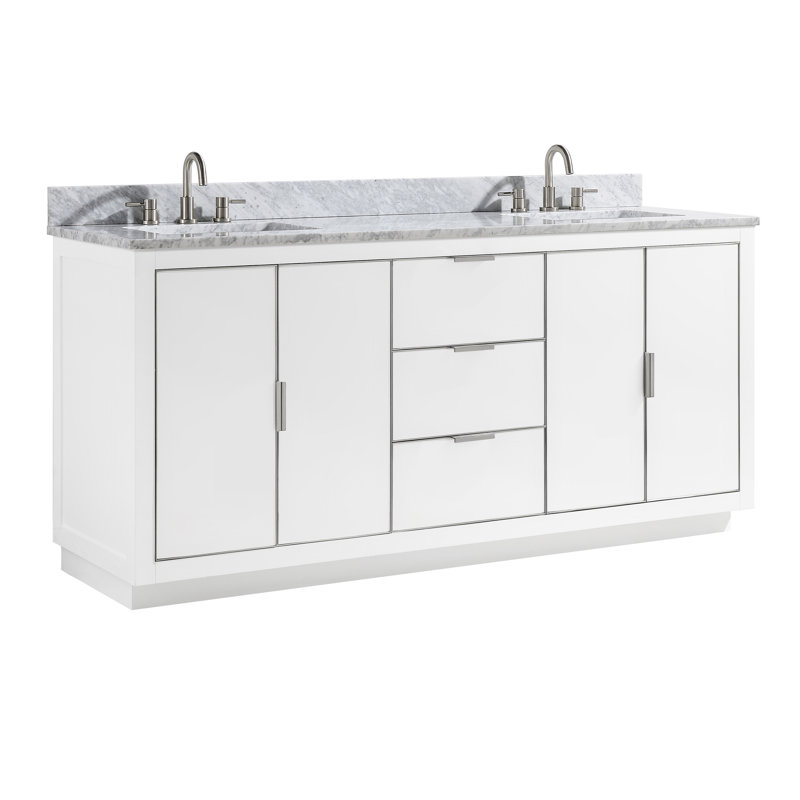 Ensemble de meuble-lavabo double 73 po Salise, Marbre blanc de Carrare / argent, Blanc