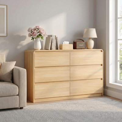 6 Dresser For Bedroom, Modern 6 Drawer Dresser With Spacious Countertop, Wood Storage Cabinet With Concealed Handles & Rounded Corner Design, Wood Dre