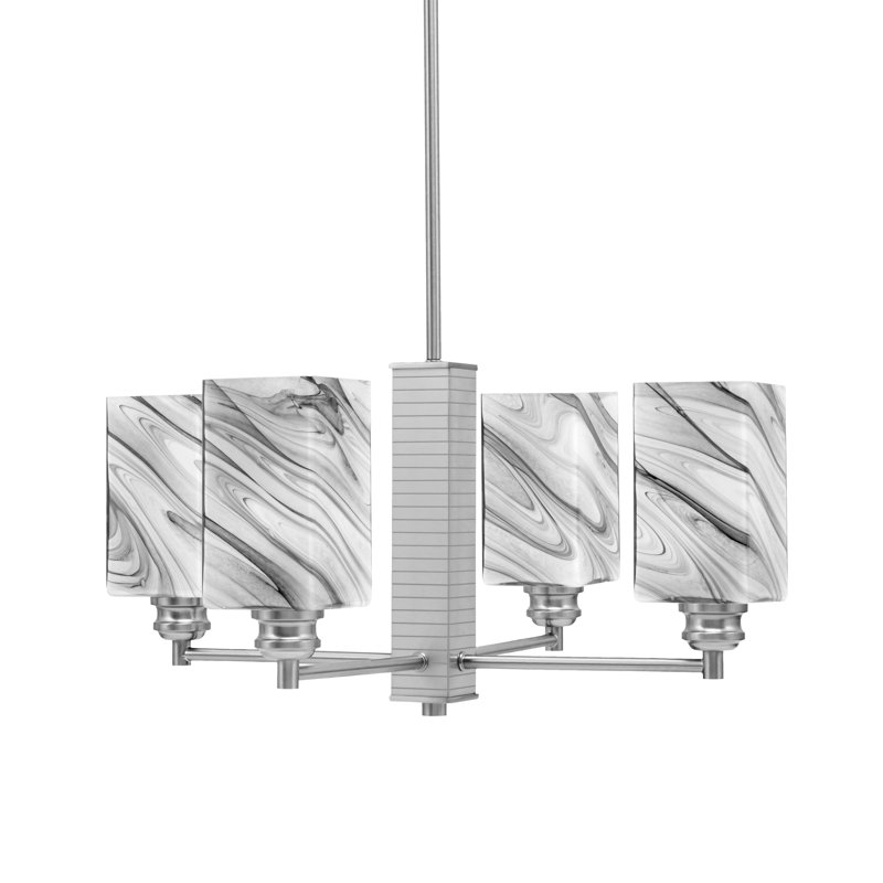 Edge 4 Light Chandelier Shown With 3.5" Square Onyx Swirl Glass, Brushed Nickel
