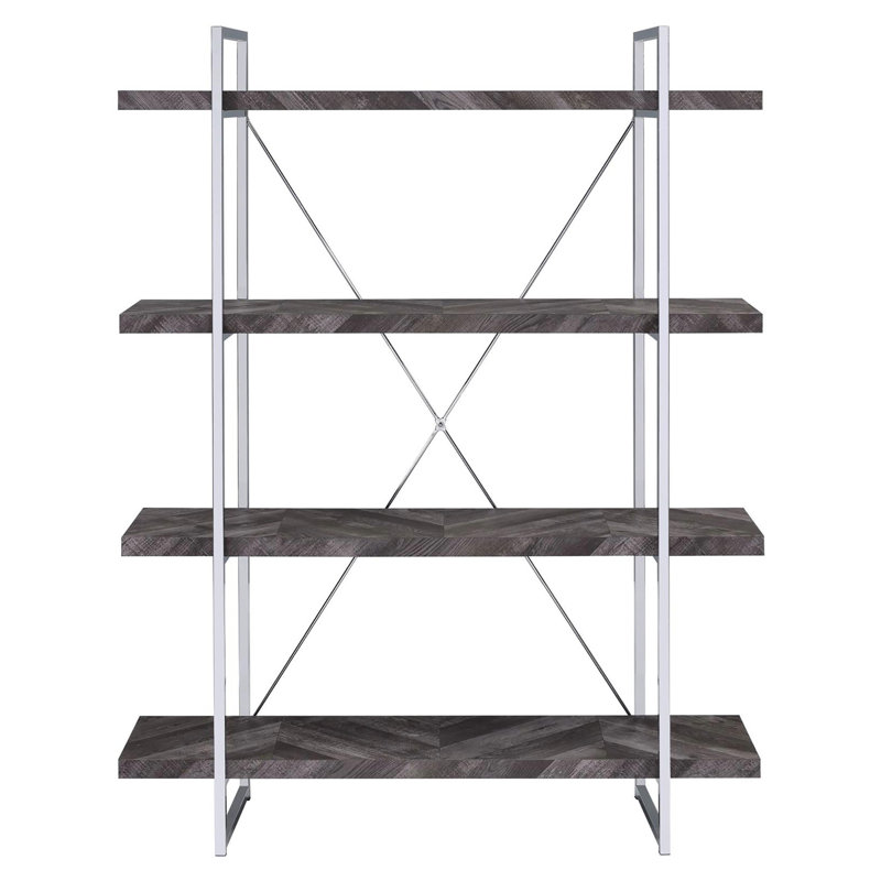 Rustic Grey Herringbone Bookcase With Full-Length Shelf