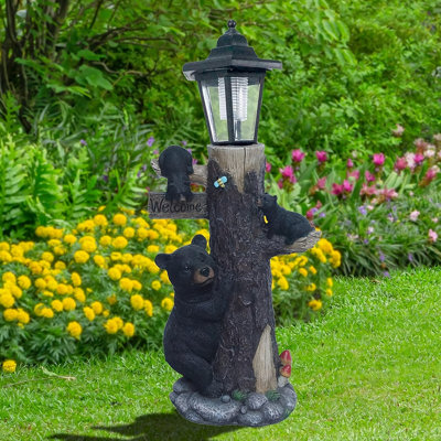 Charmante statue de jardin de famille d'ours avec lumière solaire, sculpture en résine de 19 pouces pour la décoration extérieure et l'accueil des invités