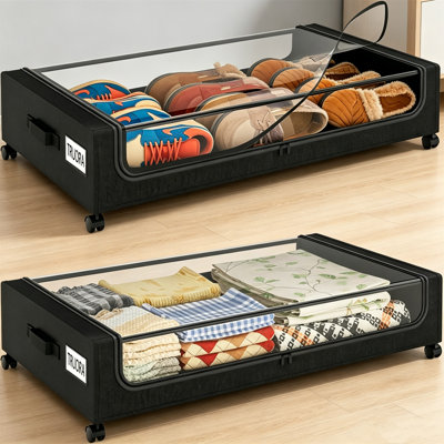 Under Bed Storage With Wheels 30.7"X16.9"X6.8", Large Capacity Organizer Bins With Transparent Window & Lockable Casters,, For Clothes Shoes Toys, Under Sofa Closet