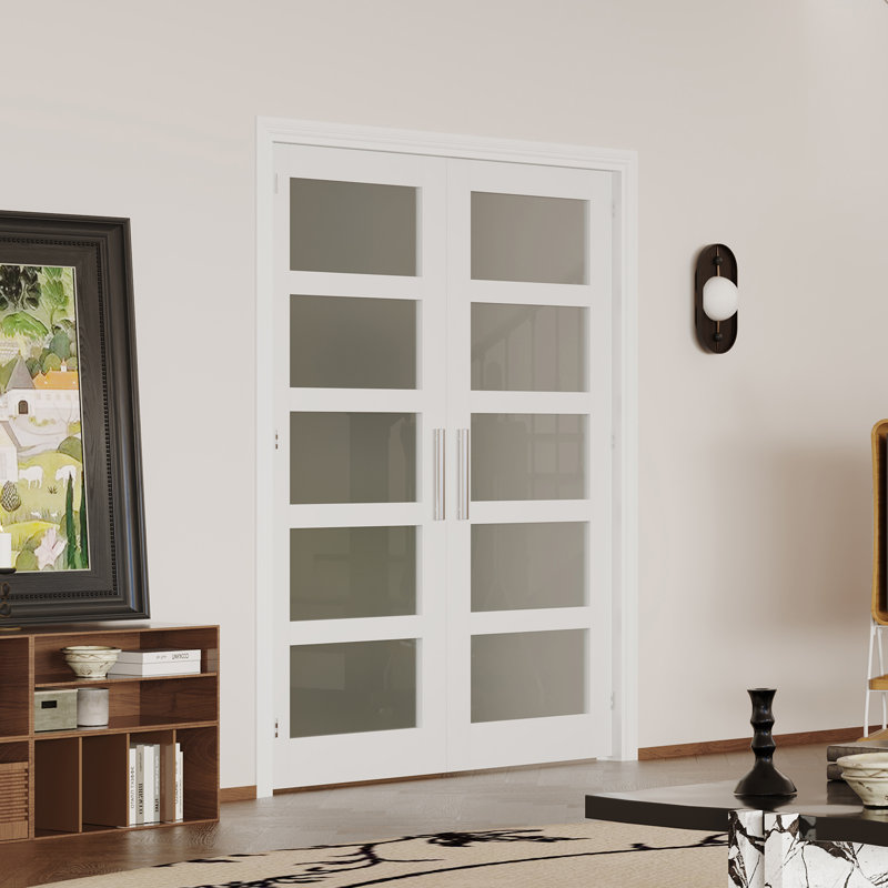Portes doubles en dalle - verre givré 5 Lite avec finition blanche, porte de garde-manger intérieure (poignée, loquet et goupille inclus, à peindre)
