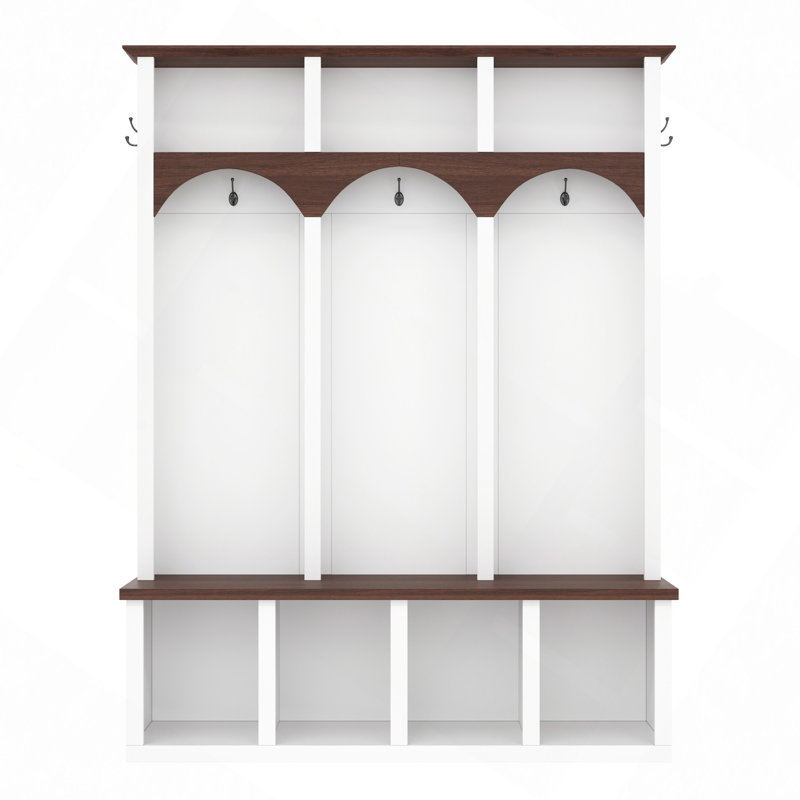 Wooden Style Hall Tree With Arched Design, Practical Entryway Walnut Storage Bench With 5 Hooks, Minimalist 4-In-1 Hallway Shoe Cabinet With 7 Cubbies For Mudroom, Living Room