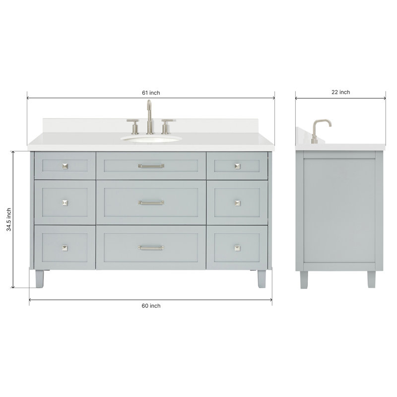 ARIEL Monroe 61 Single Sink Bathroom Vanity with Pure Quartz Top, Gray