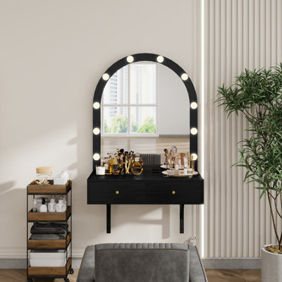 Floating Makeup Vanity Desk with Mirror & 3-Color Lights, Wall Dressing Table with Power Outlet, Compact vanity, Large Storage, Black