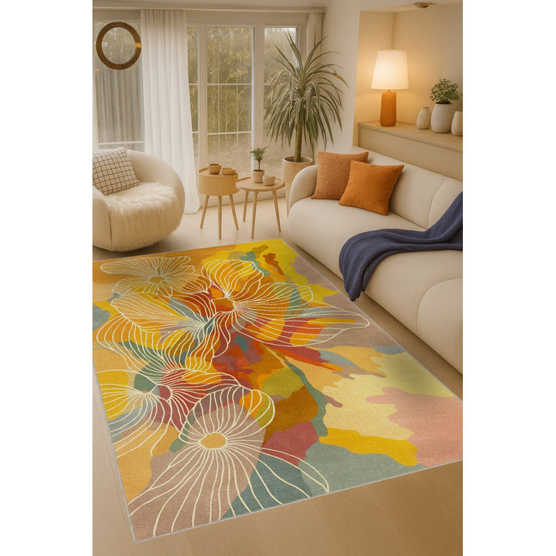 Tapis beige tissé à motif floral lavable Mosso, 2'6" x 4'11"