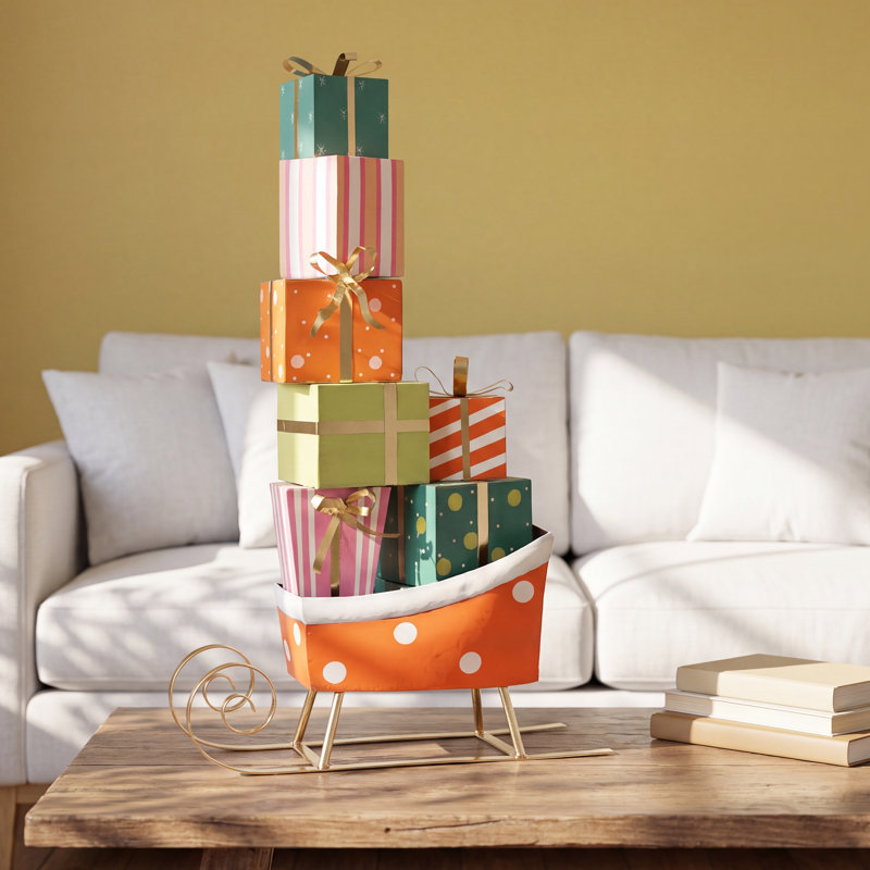 GIANT PAINTED METAL CHRISTMAS SLEIGH WITH PRESENTS