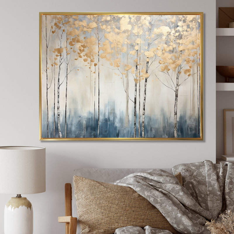 Minimalisme bleu et forêt dorée II - forêt, art mural, H 12 po x l 20 po x P 1 po, Cadre flottant doré